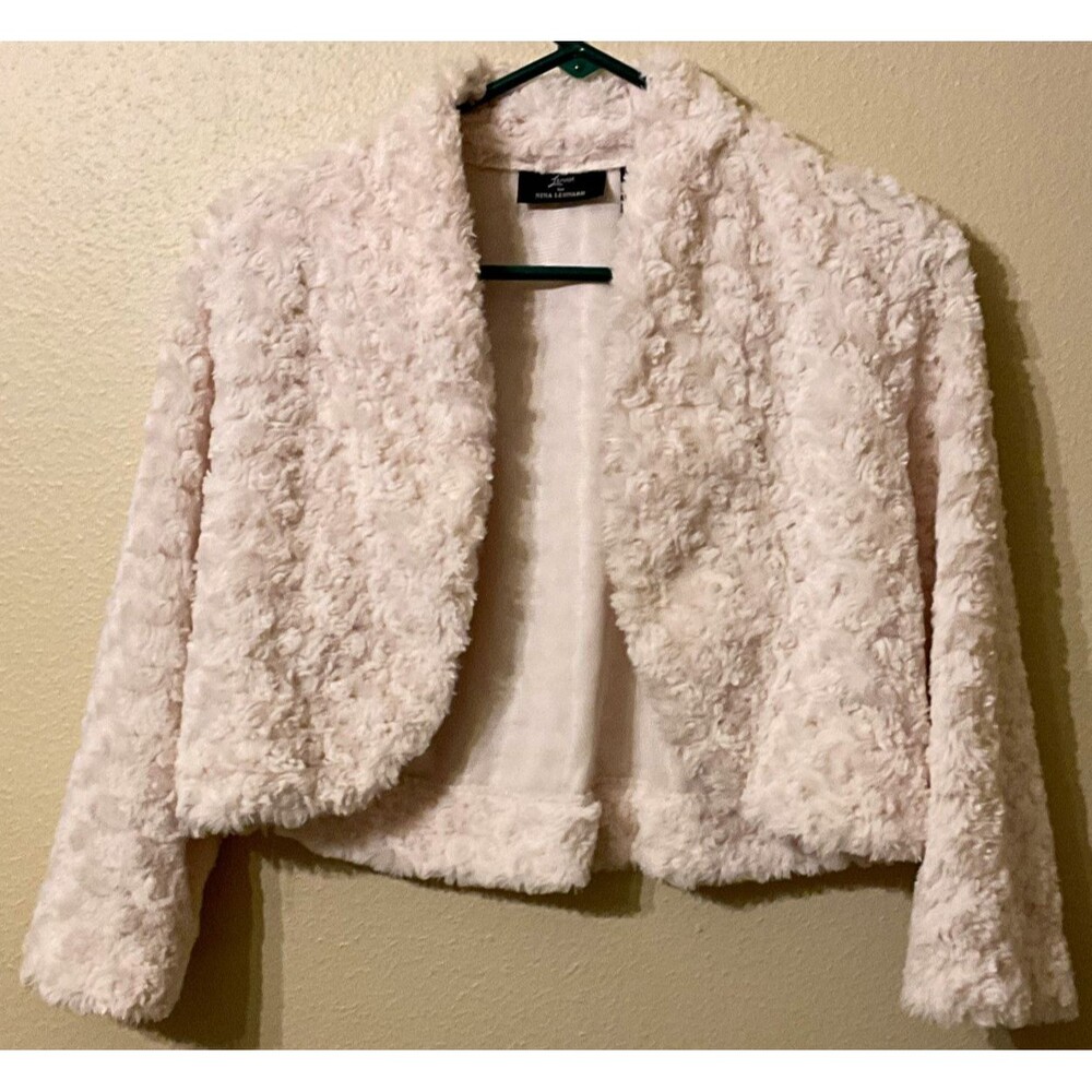 Lennie for Nina Leonard Ivory Faux Fur Swirl Cropped Shrug Jacket Cardigan L 3D